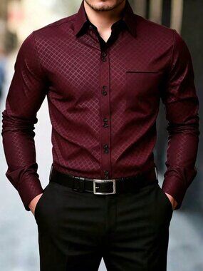 Burgundy Casual Men's Formal Striped Patchwork Long Sleeve Shirt